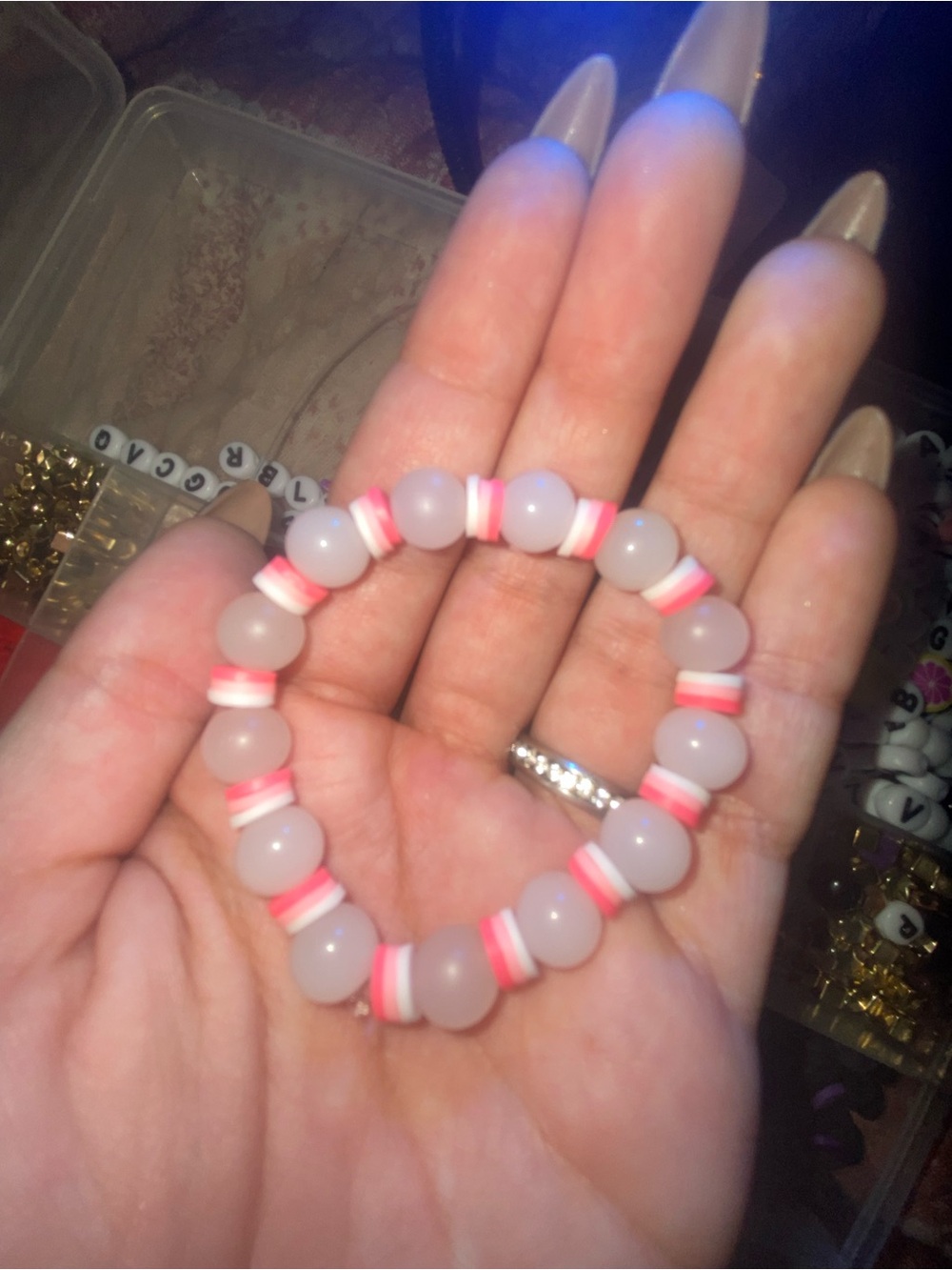 Pink and White Beaded Stretch Bracelet - Women Jewelry
